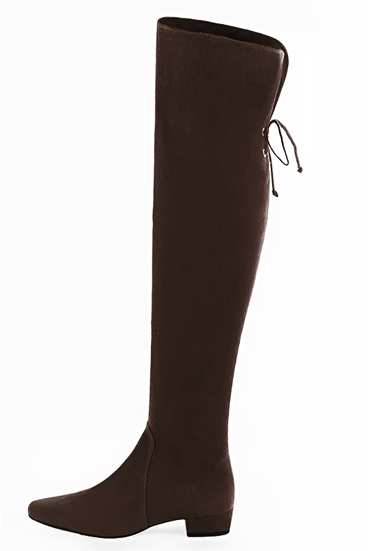 Dark brown women's leather thigh-high boots. Round toe. Low block heels. Made to measure. Profile view - Florence KOOIJMAN